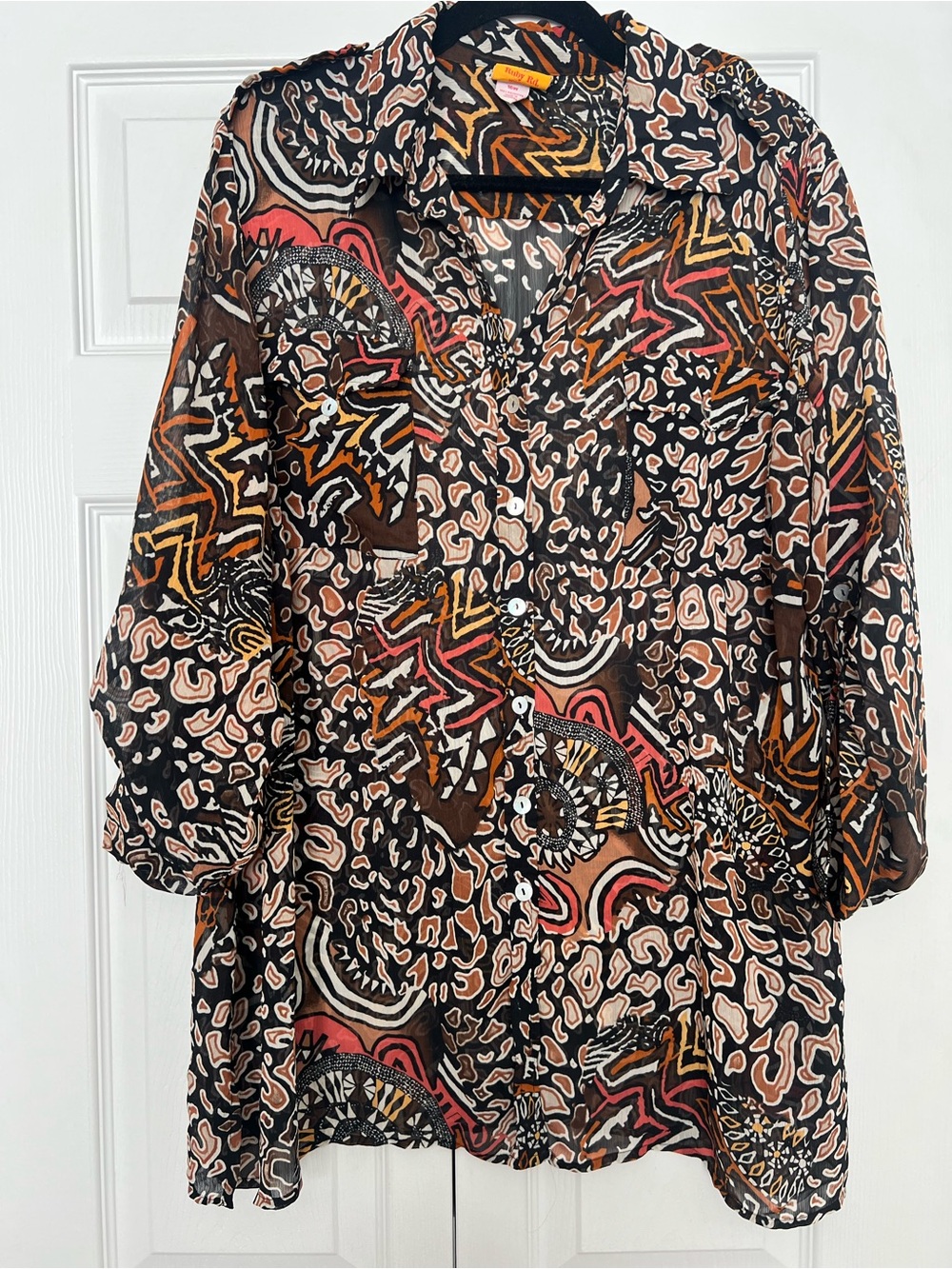 Ruby Rd. Sheer Brown Multi Abstract Print Button-Down Shirt- 16W